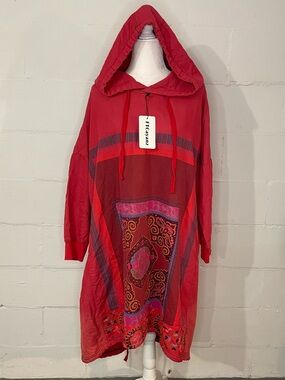 Red Patterned Hooded Sweatshirt Dress